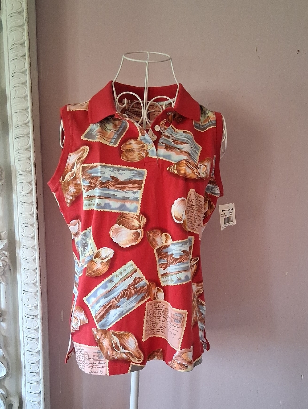 Caribbean Joe Red Nautical Print Sleeveless Polo Cami
